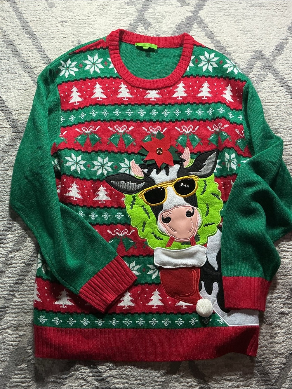 Festive Green and Red Cow Novelty Holiday Sweater
